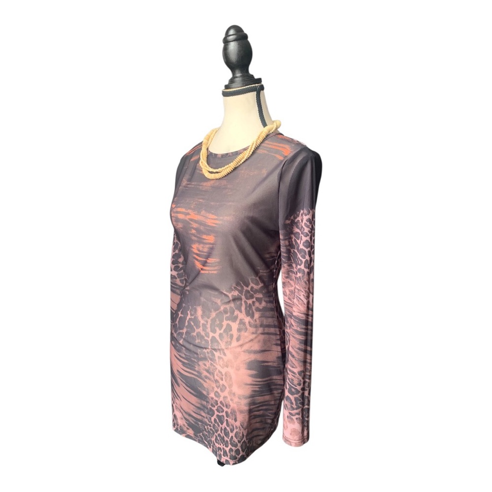 Long Sleeve Dress in Brown Abstract Leopard Print Mesh